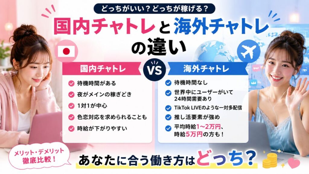 国内チャトレと海外チャトレの違いとは？稼ぎ方・働き方・リスクを比較